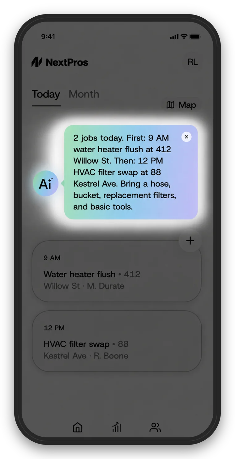 The NextPros day view, with the AI briefing the jobs ahead and what to bring