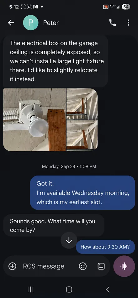 Screenshot of a customer conversation about relocating a garage ceiling light