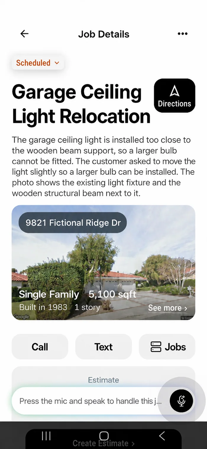 The job NextPros created from the screenshot, with the work described, the address and the scheduled time