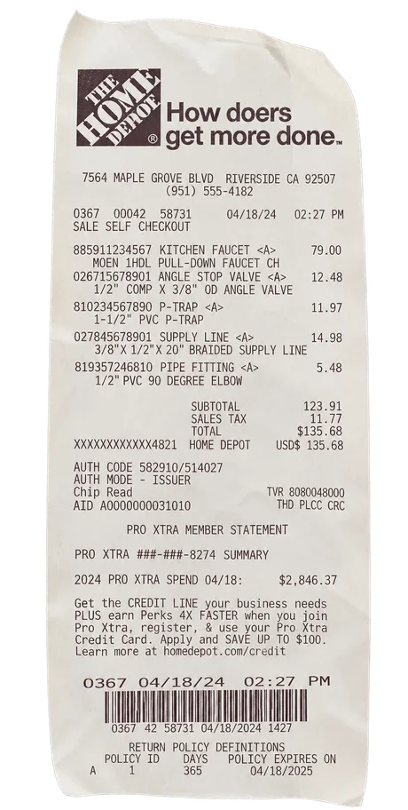 Photo of a parts receipt from the supply store
