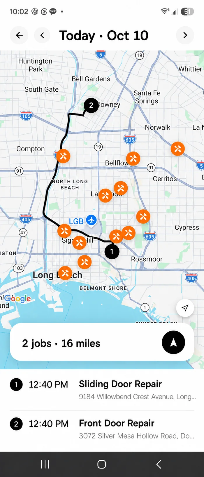 Today's jobs on a map, in route order, with the miles between them