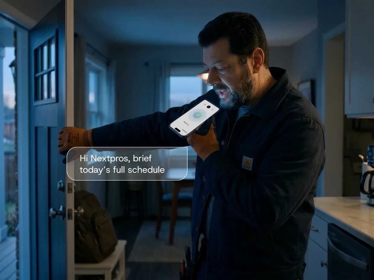 A tradesman at a customer's door, speaking to his phone: Hi NextPros, brief today's full schedule