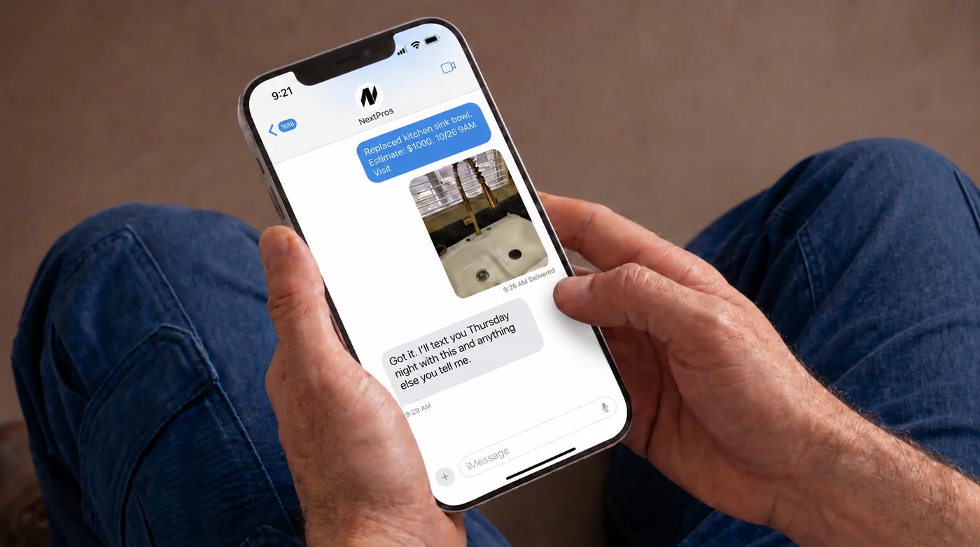 A pro texting a job to NextPros AI and getting it back scheduled
