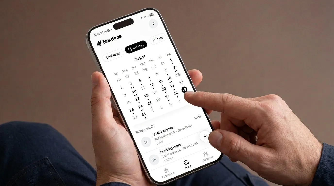 A pro tapping a date on the NextPros app calendar to see his jobs for the day