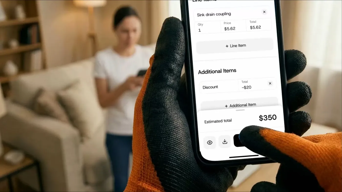 A pro in work gloves building an invoice in the NextPros app at a customer's home