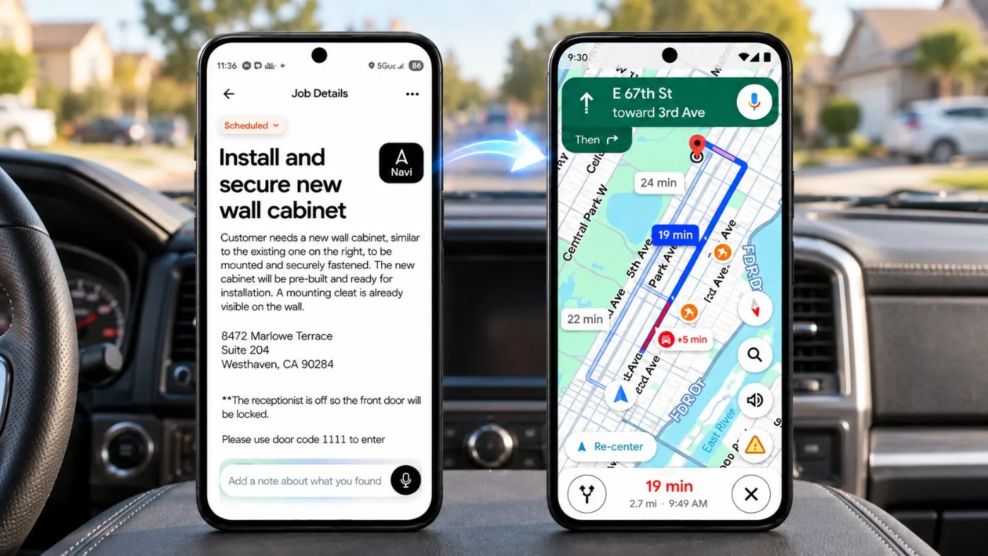Job details in the NextPros app with a Navi button that opens turn-by-turn directions, phones on a truck dashboard