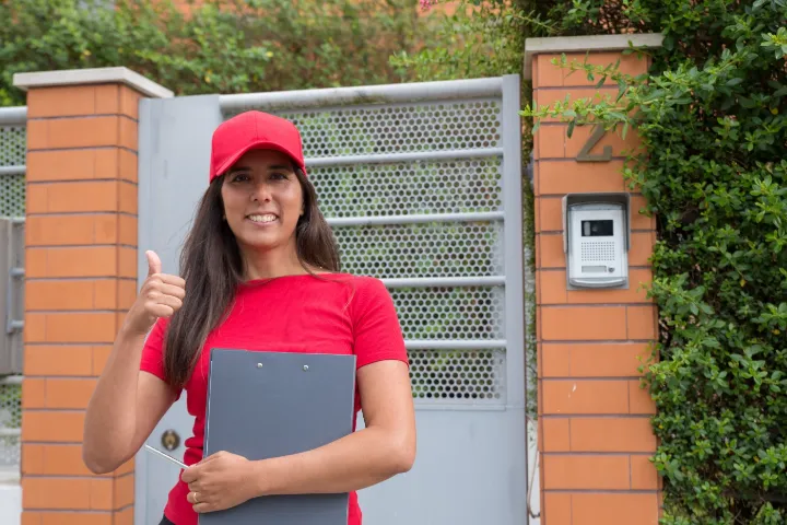 Pro at a customer's gate with a clipboard