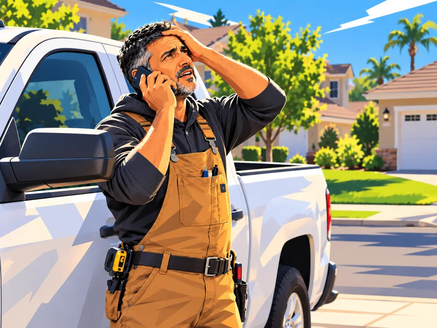 A pro on the phone by his truck, trying to place which customer is calling