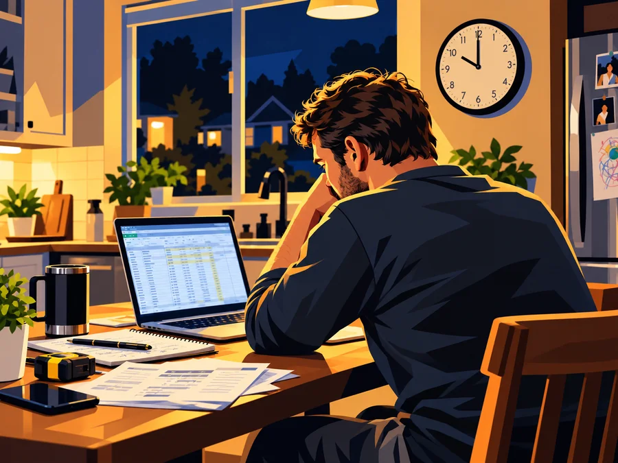 A pro at the kitchen table late at night, typing the day into a spreadsheet